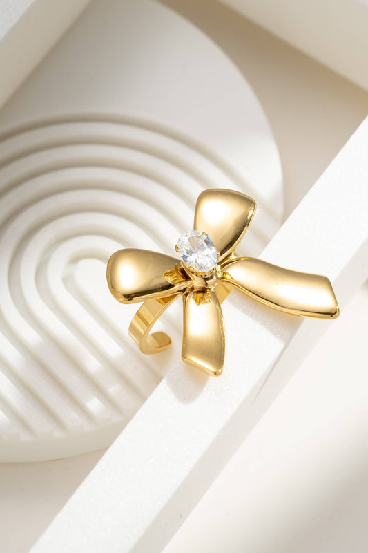 Vergulde roestvrijstalen ketting met strass steen en rvs ring met parel sieranden set | Beautiva Boutique