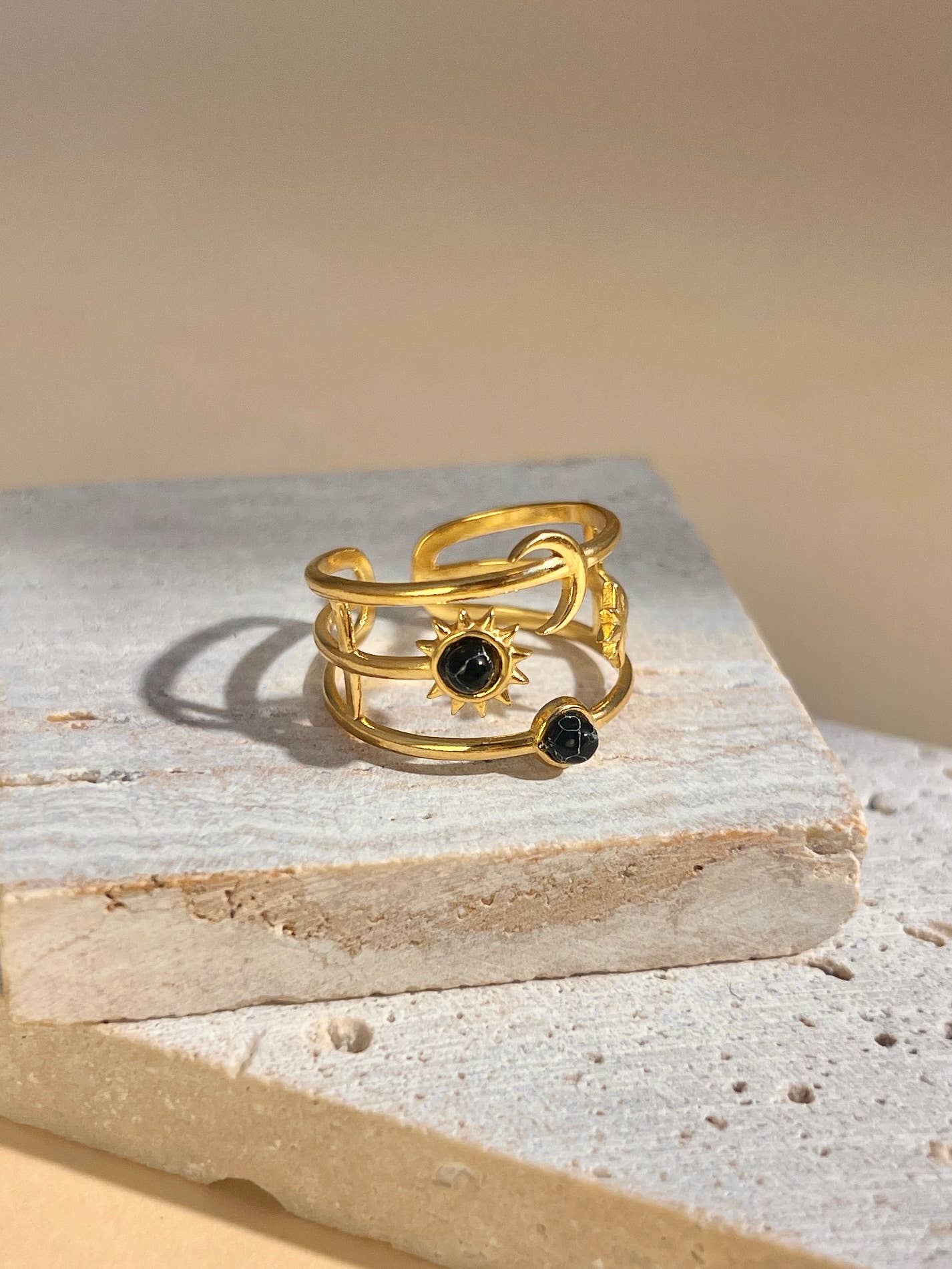 Verstelbare ring Maan, Ster & Zon met steen: Zwart|Beautiva Boutique