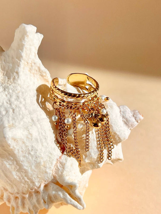 Verstelbare roestvrijstalen ring met kers en kettinkje | Beautiva Boutique
