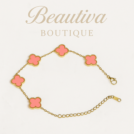 18K Vergulde RVS Armband, Pink Clover Elegance|Beautiva Boutique