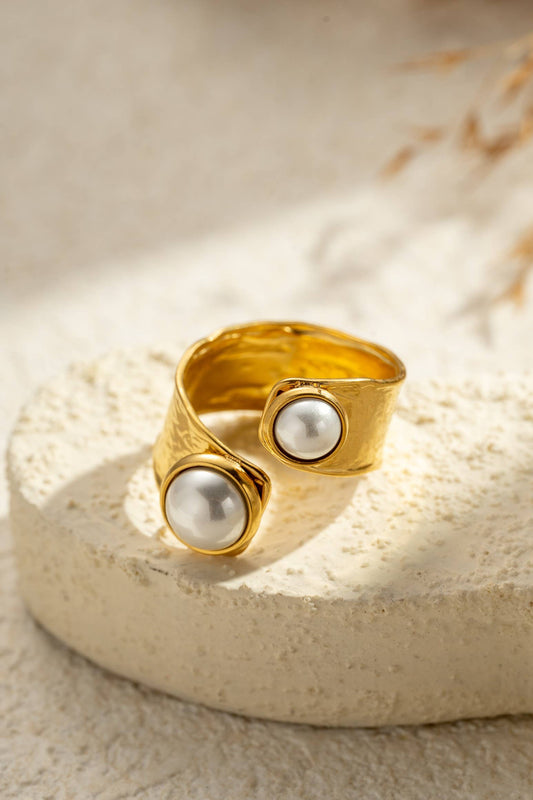 Verstelbare gouden ring van roestvrij staal met dubbele witte parel | Beautiva Boutique