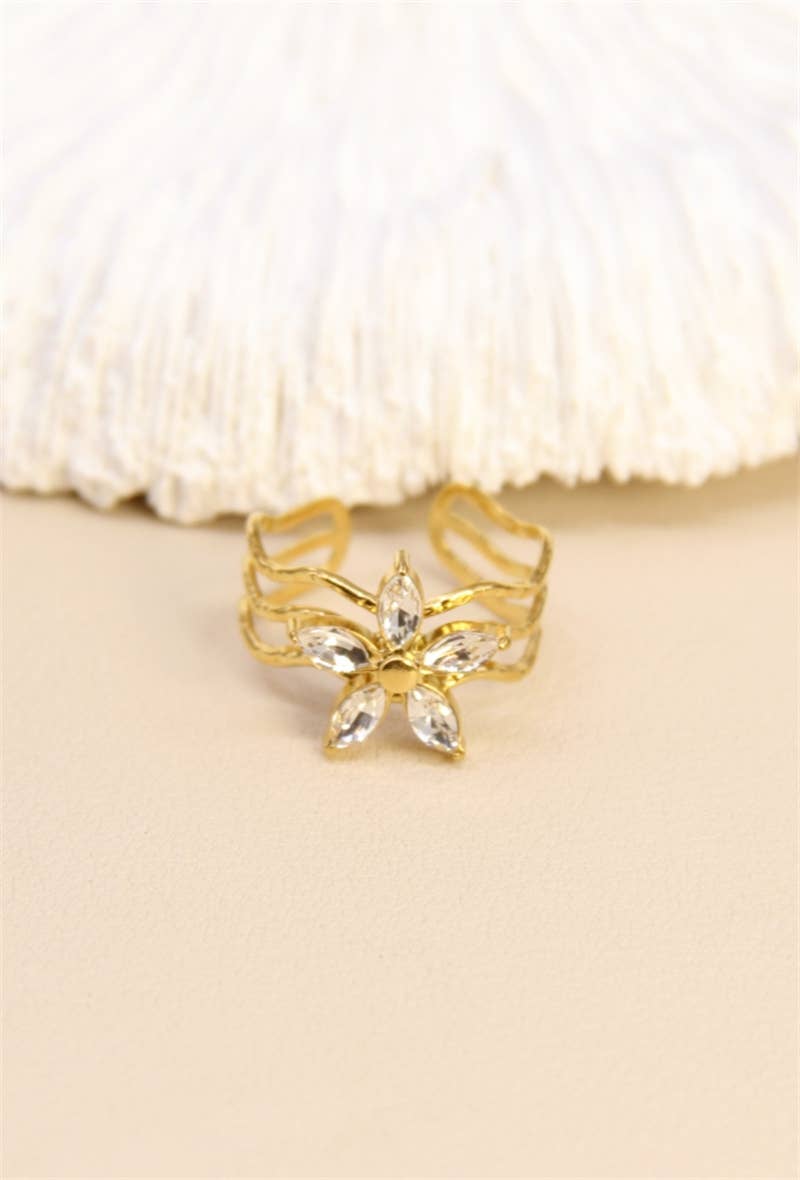 Moderne Glans Roestvrij Staal Kristallen Bloem Ring: Verguld |Beautiva Boutique