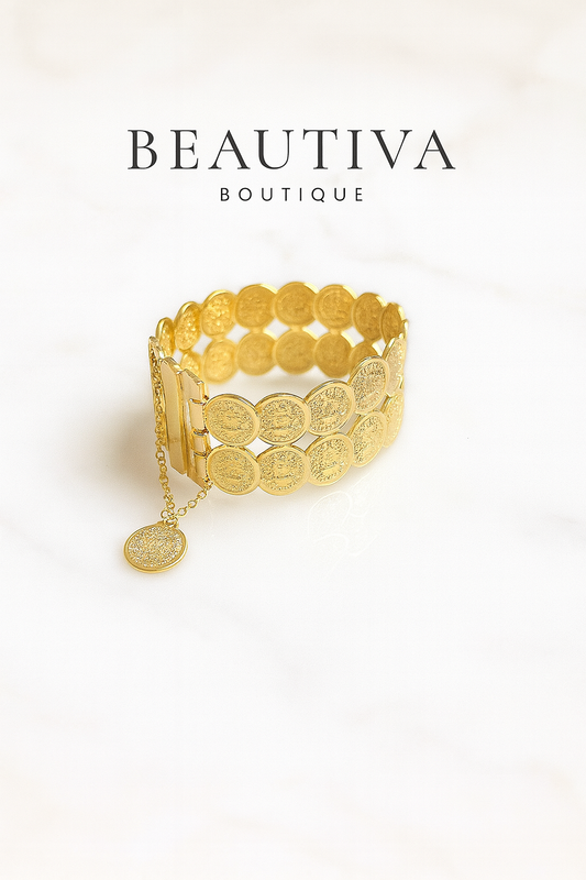 Luxe 21K Goudkleurige Turkse Munten Armband, Verguld RVS Design| Beautiva Boutique