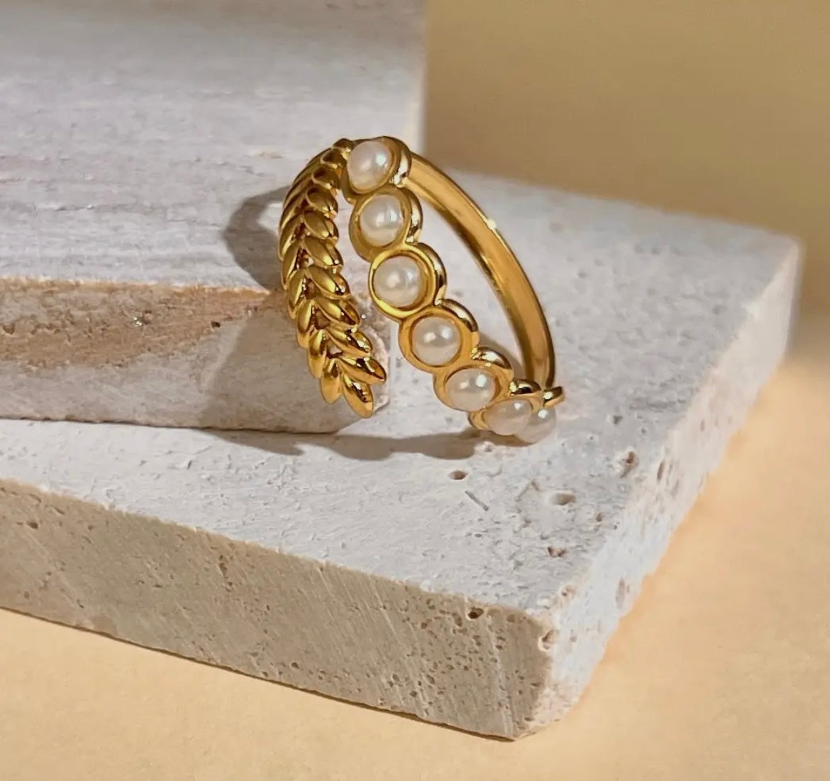 Verstelbare Roestvrijstalen Blad en Parel Ring| Beautiva Boutique