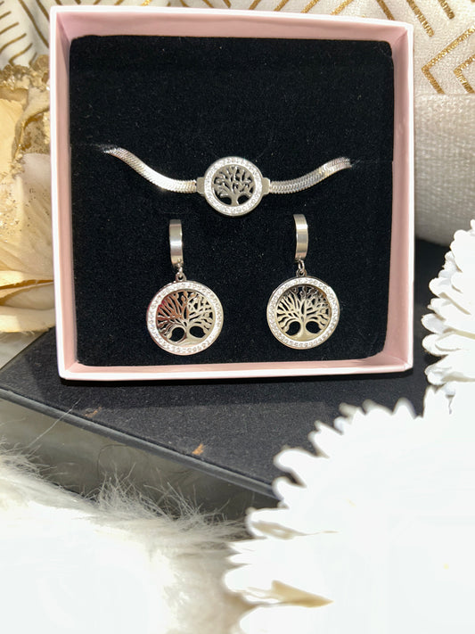Zilverkleurige Roestvrij stalen Sieraden set levensboom|Beautiva Boutique