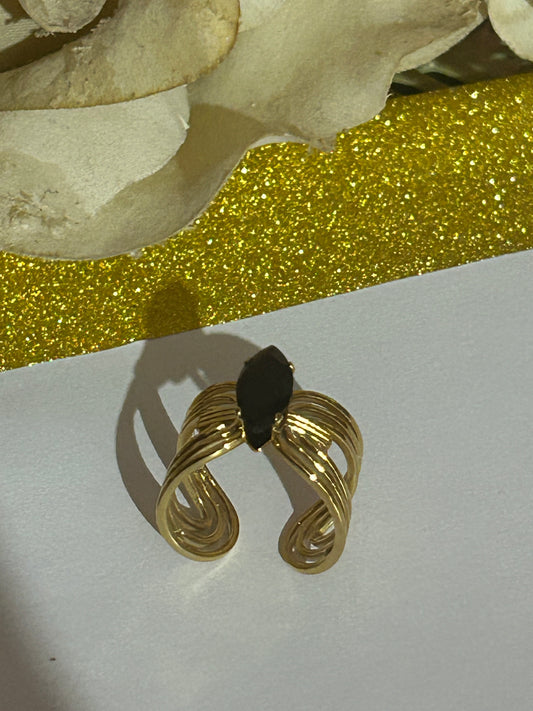 Verstelbare ring van verguld staal met zwarte marquise kristal |Beautiva Boutique