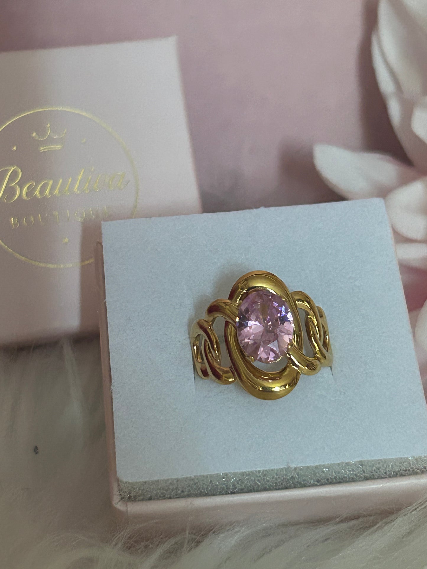 Verstelbare ronde ring met glinsterende kristal, elegant roestvrij staal: Roze