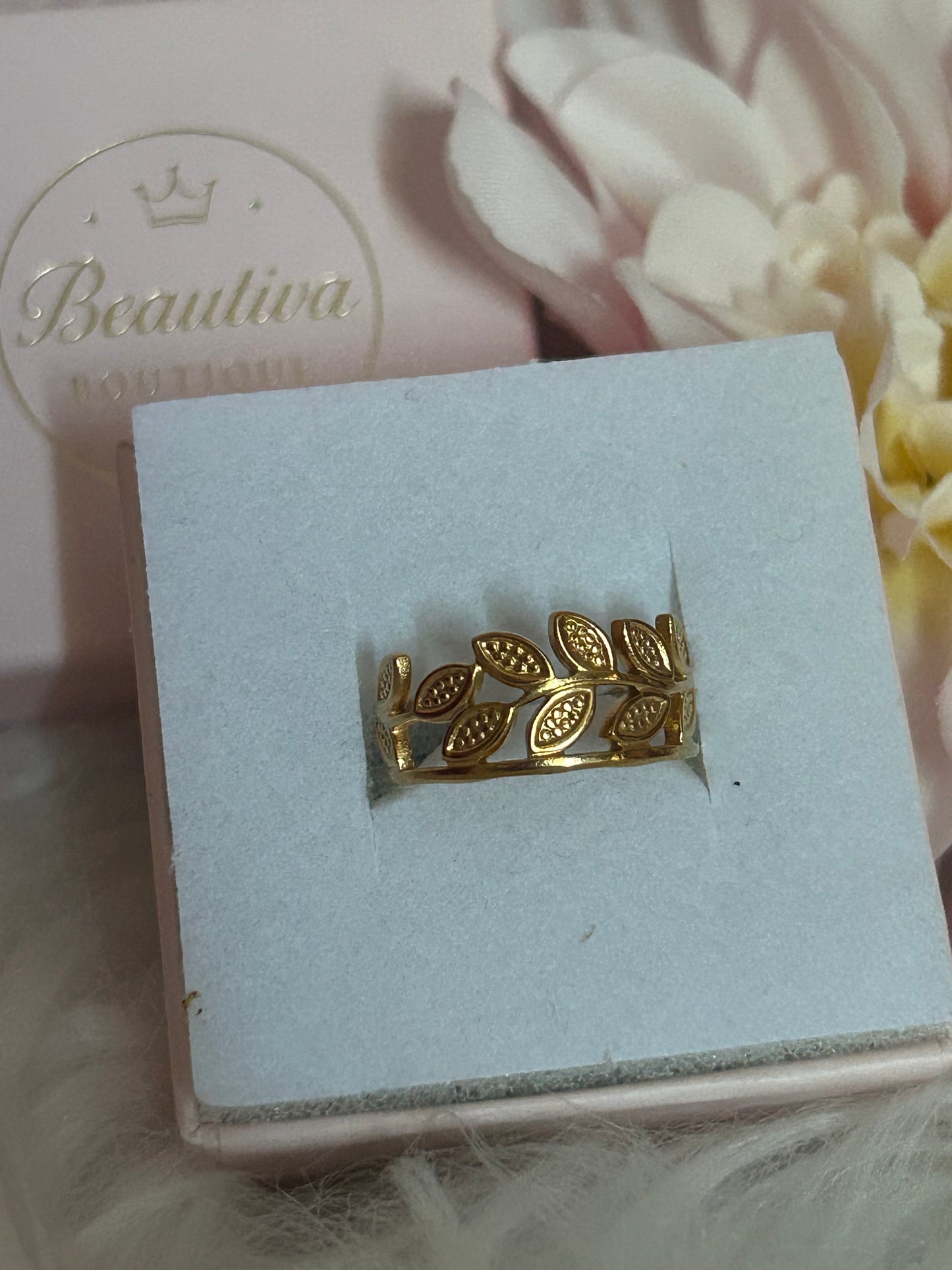 18K Vergulde RVS Ring, Bladmotief Design| Beautiva Boutique