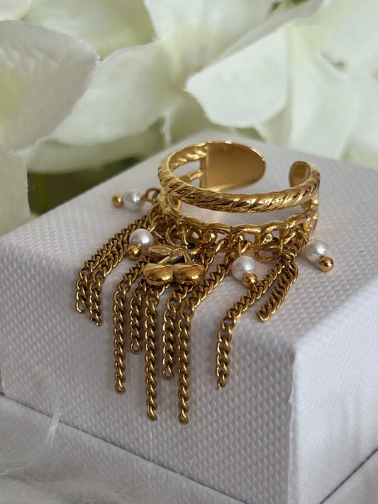 Verstelbare roestvrijstalen ring met kers en kettinkje | Beautiva Boutique