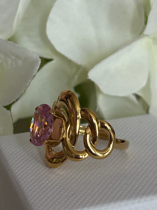 Verstelbare ronde ring met glinsterende kristal, elegant roestvrij staal: Roze