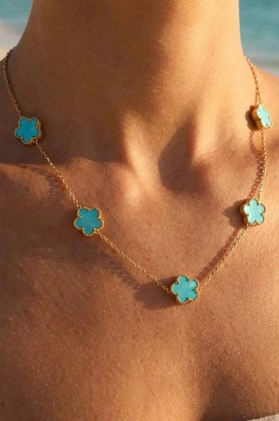 Roestvrijstalen vergulde 14 Karaats klaver Ketting, kleur turquoise |Beautiva Boutique