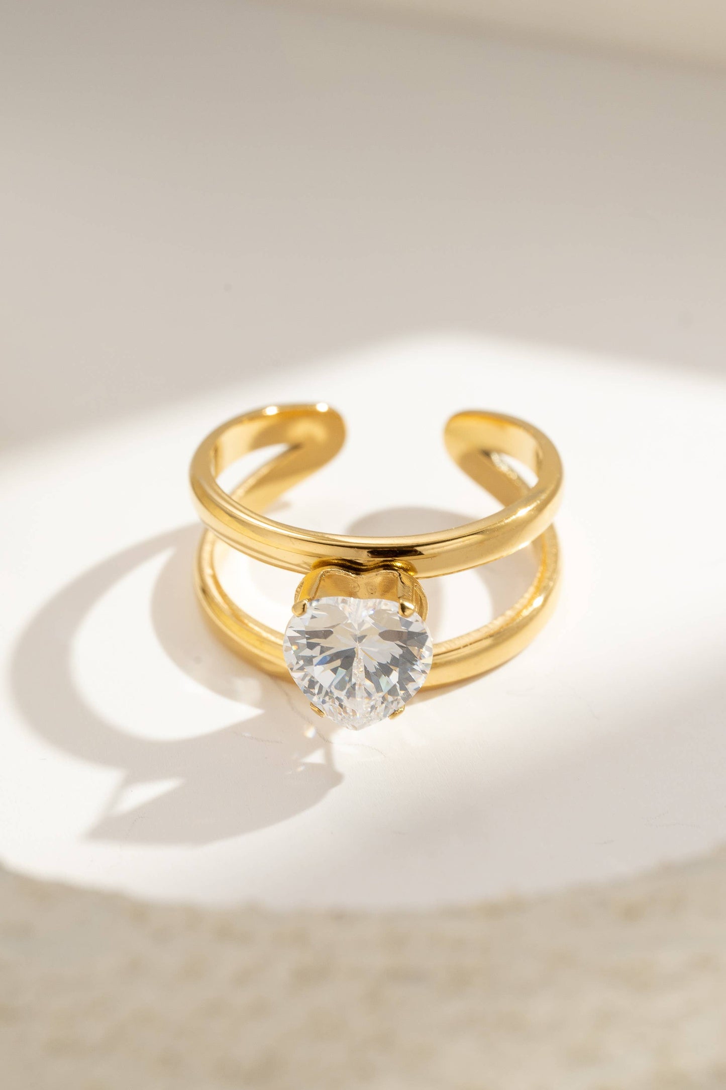 Verstelbare hartvormige ring van roestvrij staal met dubbele ring en kristal