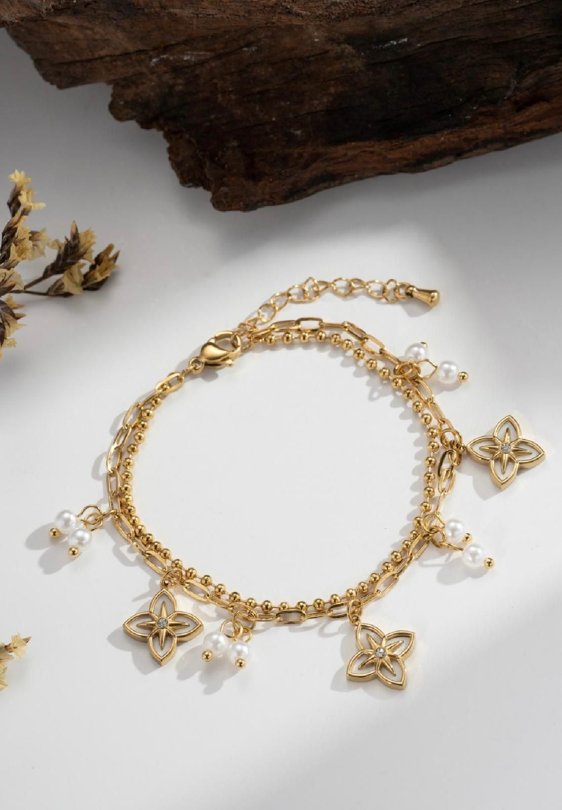 Roestvrij stalen klaver parel bedelarmbandje |Beautiva Boutique