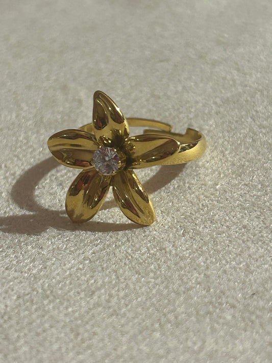 Roestvrijstalen verstelbare vergulde bloem kristal ring | Beautiva Boutique