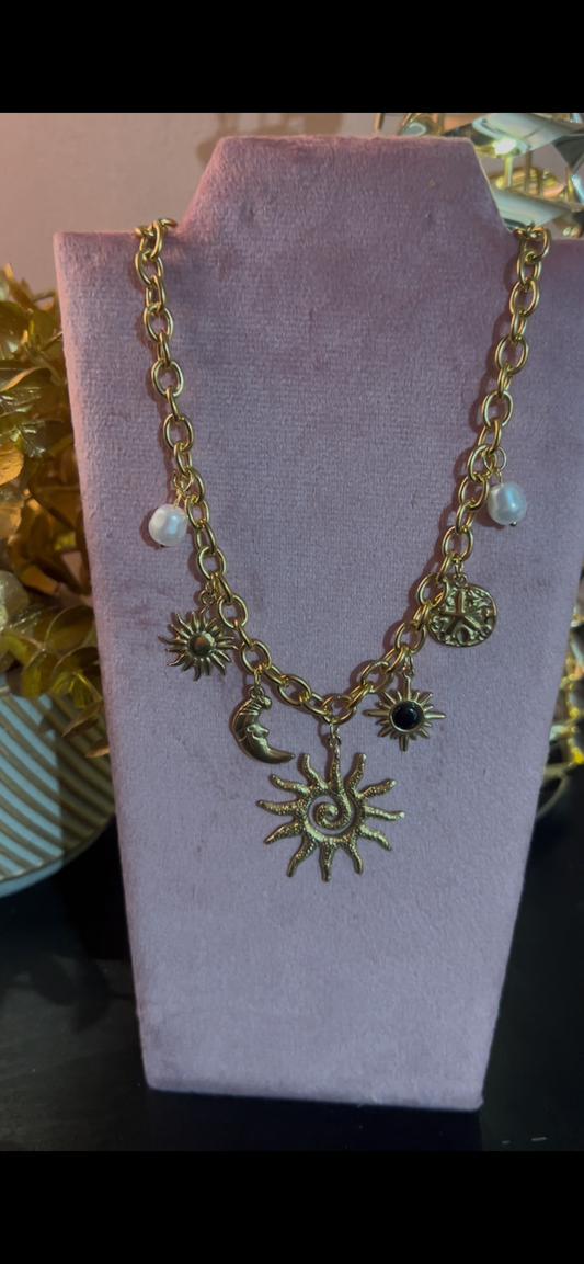 Zonne- en Sterrenketting – Hemelse Charms & Parels: Verguld |Beautiva Boutique