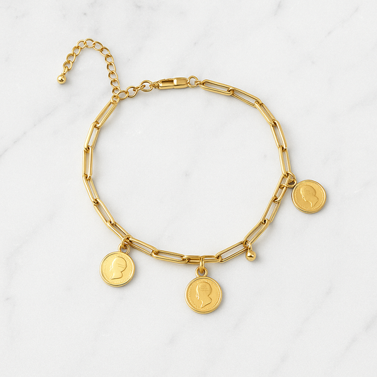 Golden Coin Charm Armband, Luxe RVS Muntarmband| Beautiva Boutique