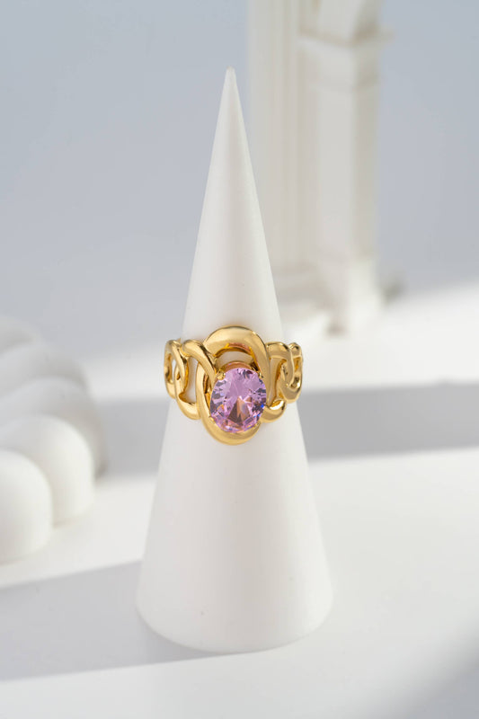 Verstelbare ronde ring met glinsterende kristal, elegant roestvrij staal: Roze
