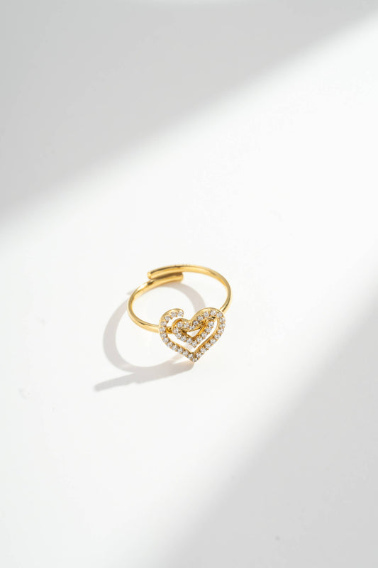 Verstelbare Roestvrijstalen Ring met Hart Versierd met Kristal: Geelgoud|Beautiva Boutique