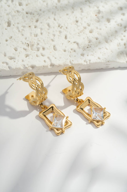 Gouden Gevlochten Creoolse Oorringen met Vierkante Steen: Saumon |Beautiva Boutique