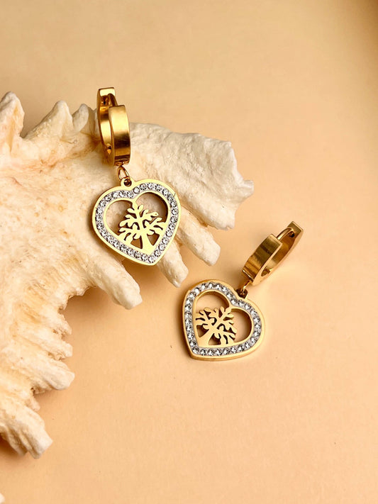 Hartvormige en levensboom hangende oorbel van staal: Geelgoud | Beautiva Boutique
