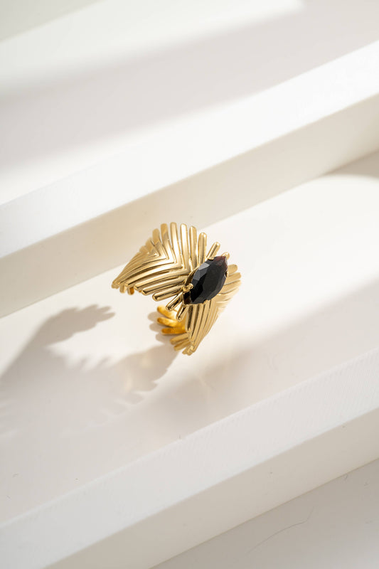 Verstelbare ring van staal met symmetrische veer en zwarte kristal|Beautiva Boutique