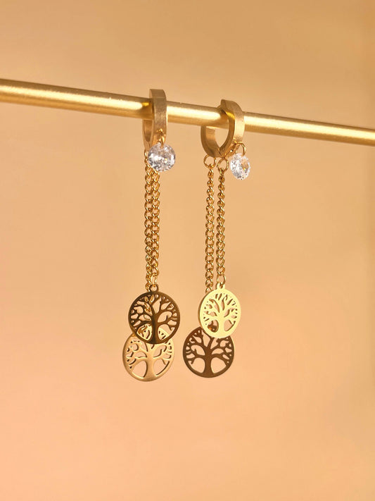 Roestvrijstalen hangende levensboom oorbel: Geelgoud | Beautiva Boutique