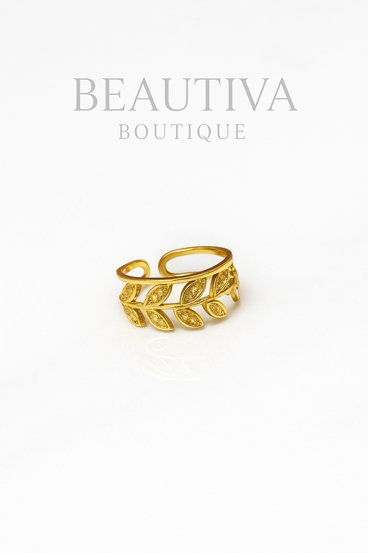 18K Vergulde RVS Ring, Bladmotief Design| Beautiva Boutique