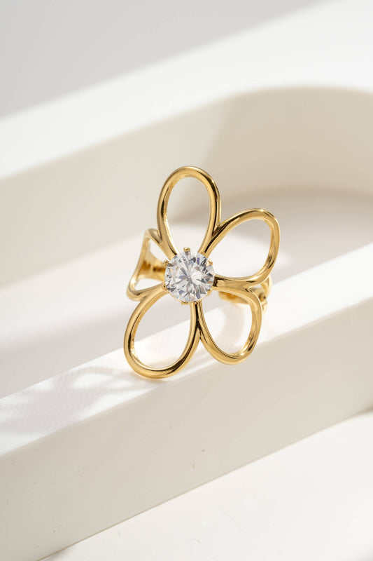 Gouden Bloem Ring Kristal Glans Vijf Bloemblaadjes Roestvrij Staal |Beautiva Boutique