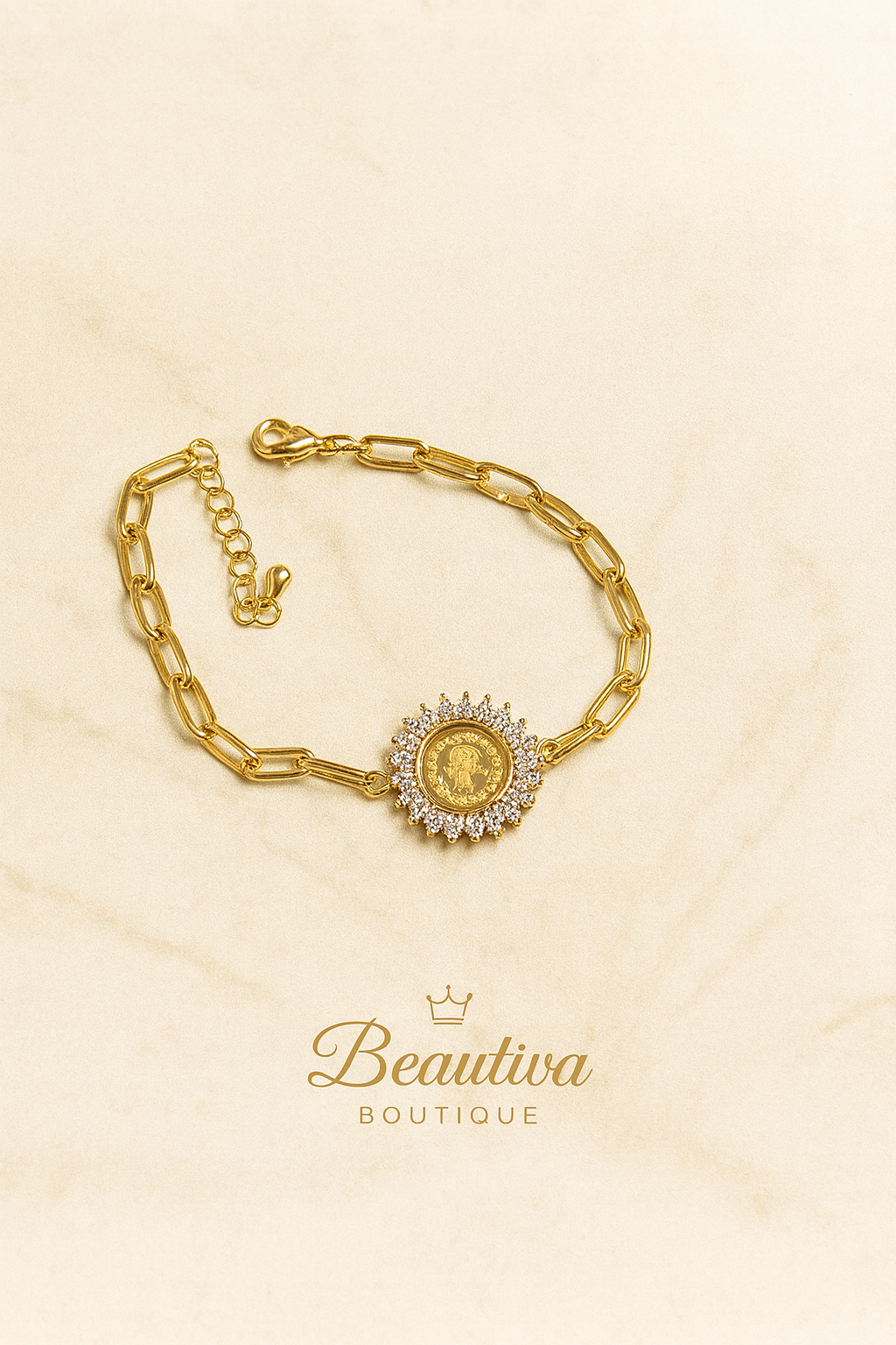 Luxe Turkse 18K vergulde munten armband met zirkonia, RVS| Beautiva Boutique