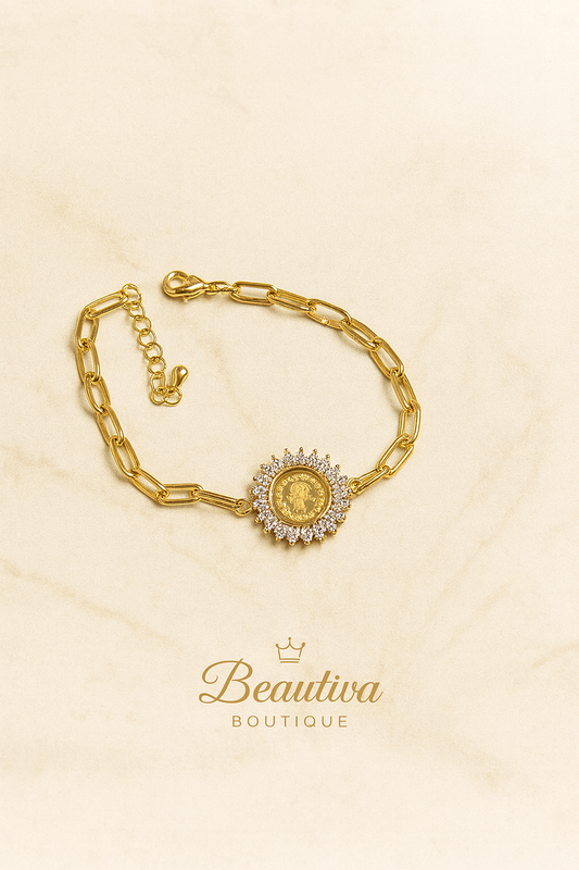 Luxe Turkse 18K vergulde munten armband met zirkonia, RVS| Beautiva Boutique
