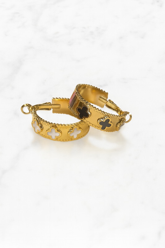 Luxe Clover Oorbellen, White & Black Edition| Beautiva Boutique