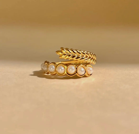 Verstelbare Roestvrijstalen Blad en Parel Ring| Beautiva Boutique