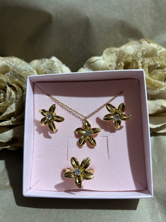 Roestvrij Stalen Bloemen Ketting Ring Oorbellen Kristal sieraden set |Beautiva Boutique