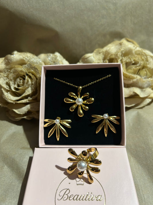 Elegante gouden sieraden set bloemenketting, oorbellen en ring versierd met witte parel | Beautiva Boutique