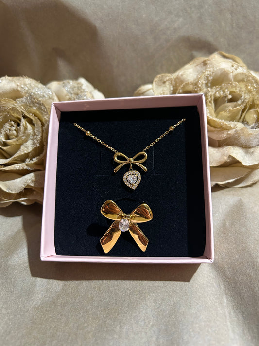 Vergulde roestvrijstalen ketting met strass steen en rvs ring met parel sieranden set | Beautiva Boutique