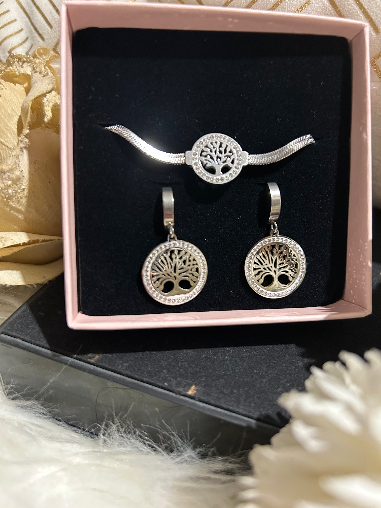 Zilverkleurige Roestvrij stalen Sieraden set levensboom|Beautiva Boutique