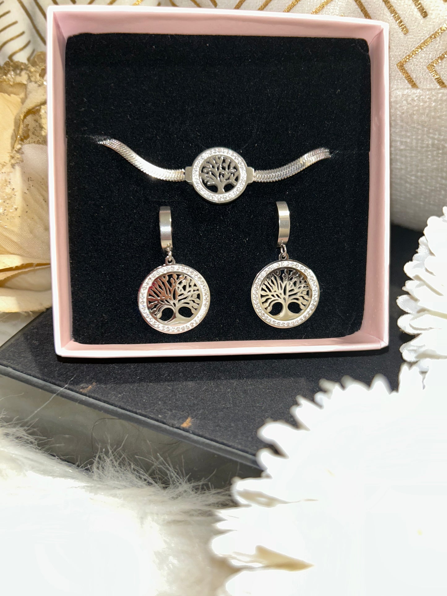 Zilverkleurige Roestvrij stalen Sieraden set levensboom|Beautiva Boutique