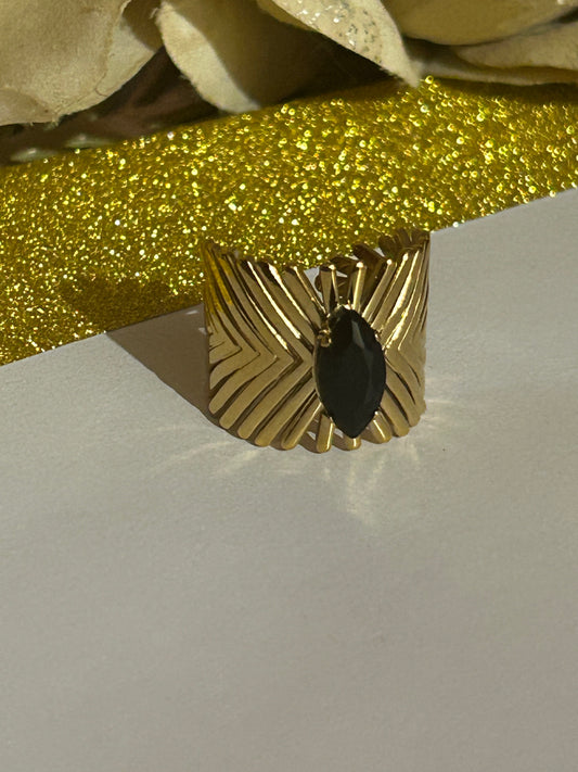 Verstelbare ring van staal met symmetrische veer en zwarte kristal|Beautiva Boutique