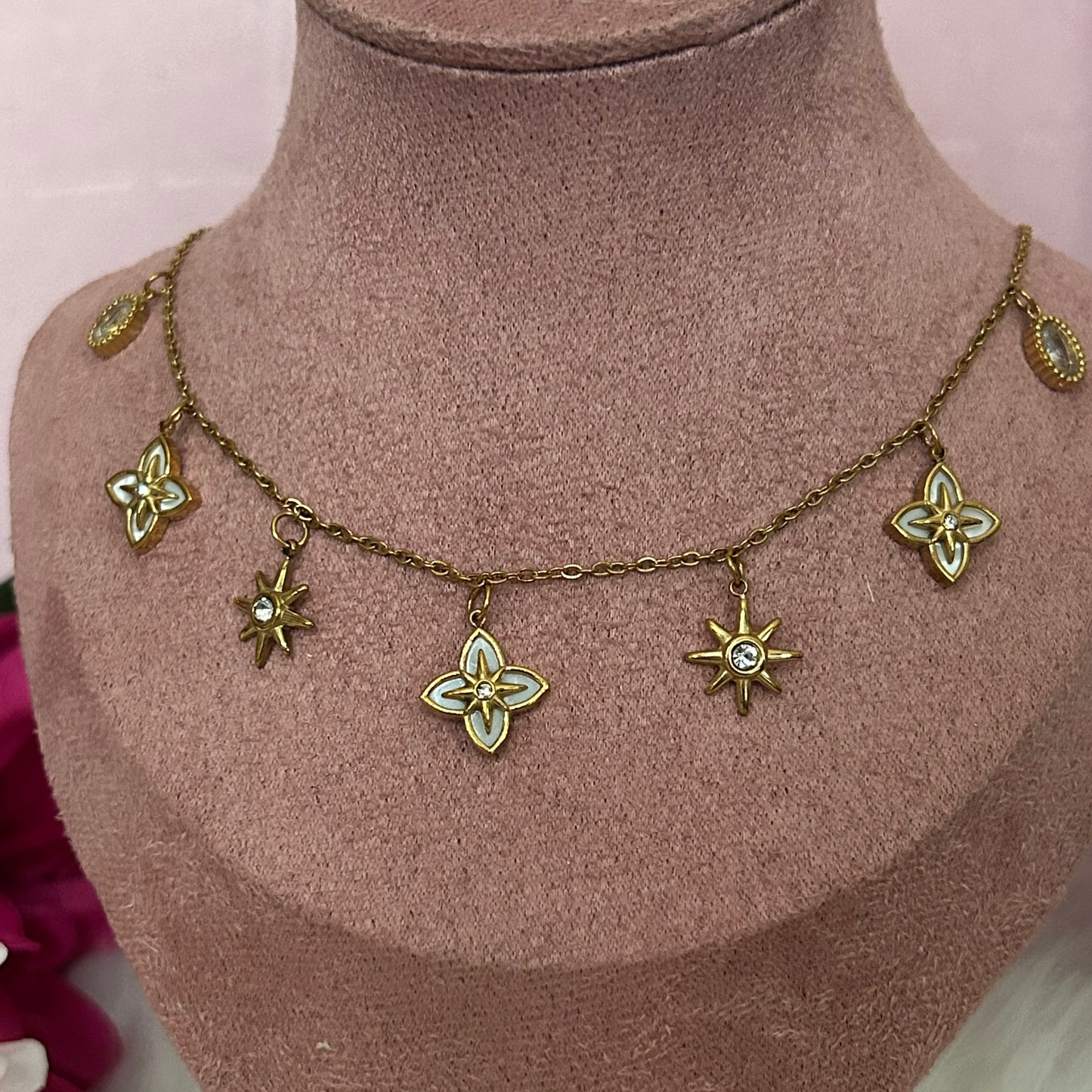Vergulde Ketting Charms Bloem en Ster Ingezette Stenen, Feeërie|Beautiva Boutique