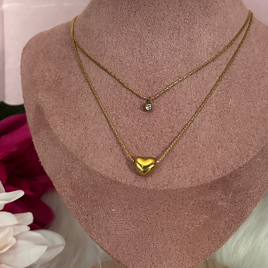 Dubbele wikkel ketting van roestvrij staal met hart en strass steentjes: Geelgoud|Beautiva Boutique