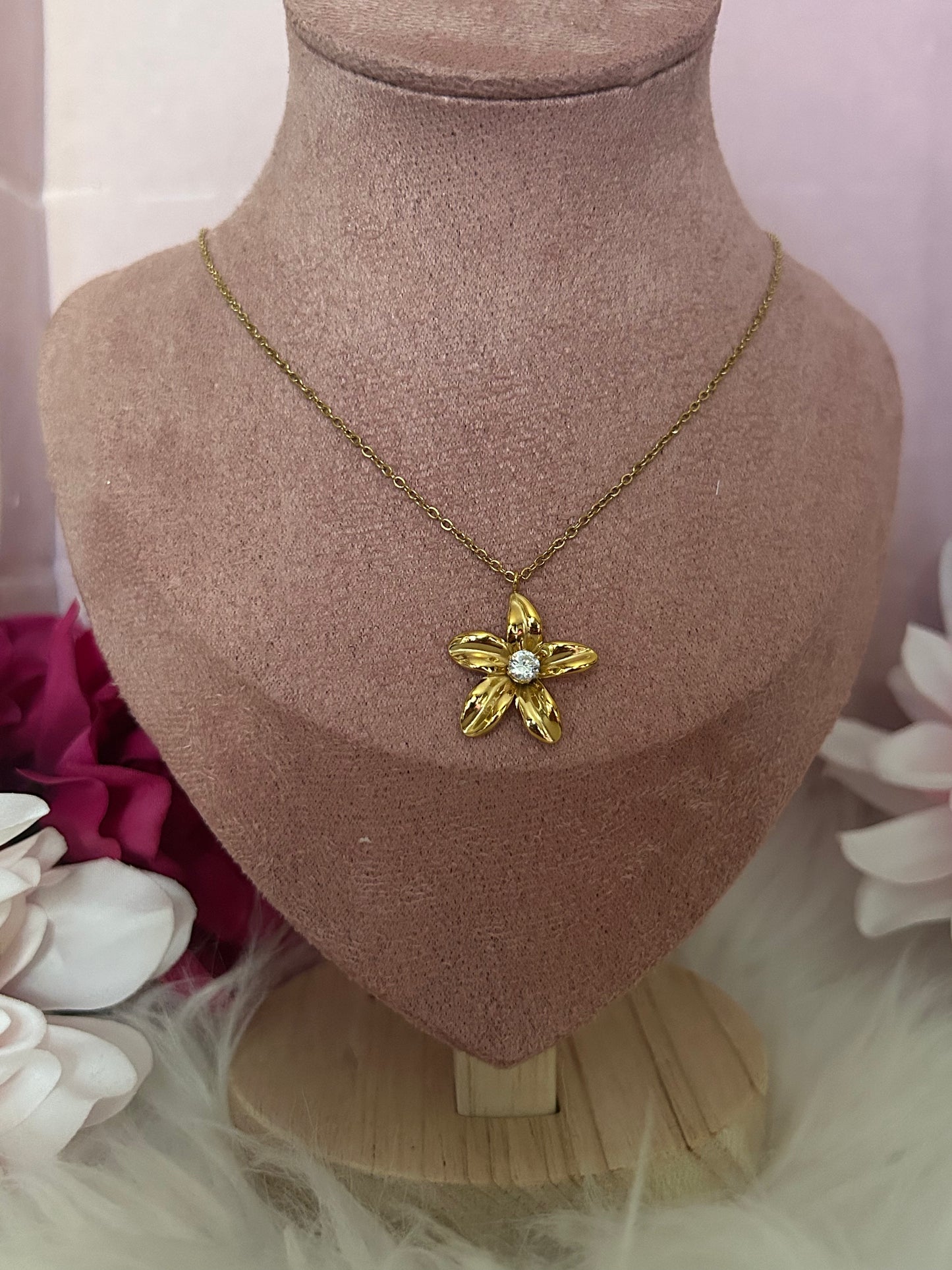 Roestvrijstalen vergulde Bloem kristal ketting | Beautiva Boutique
