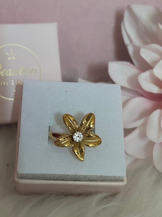 Roestvrijstalen verstelbare vergulde bloem kristal ring | Beautiva Boutique