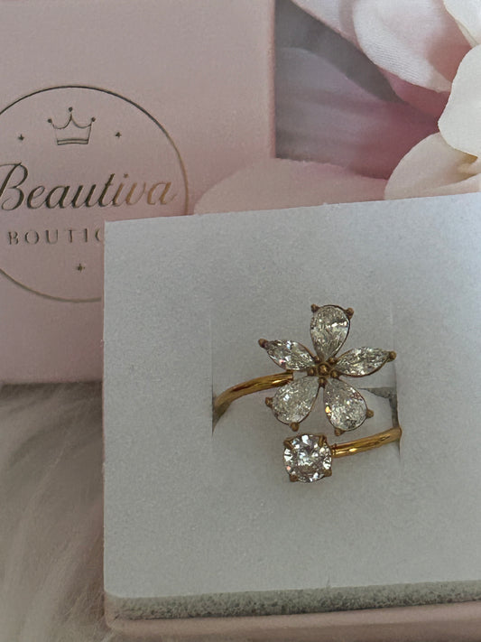 18K Vergulde RVS Ring, Bloemdesign met Sprankelende Zirconia|Beautiva Boutique