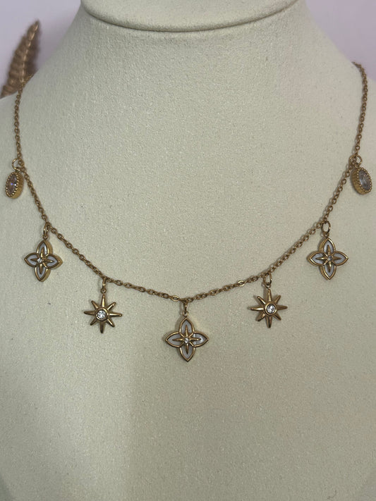 Vergulde Ketting Charms Bloem en Ster Ingezette Stenen, Feeërie|Beautiva Boutique