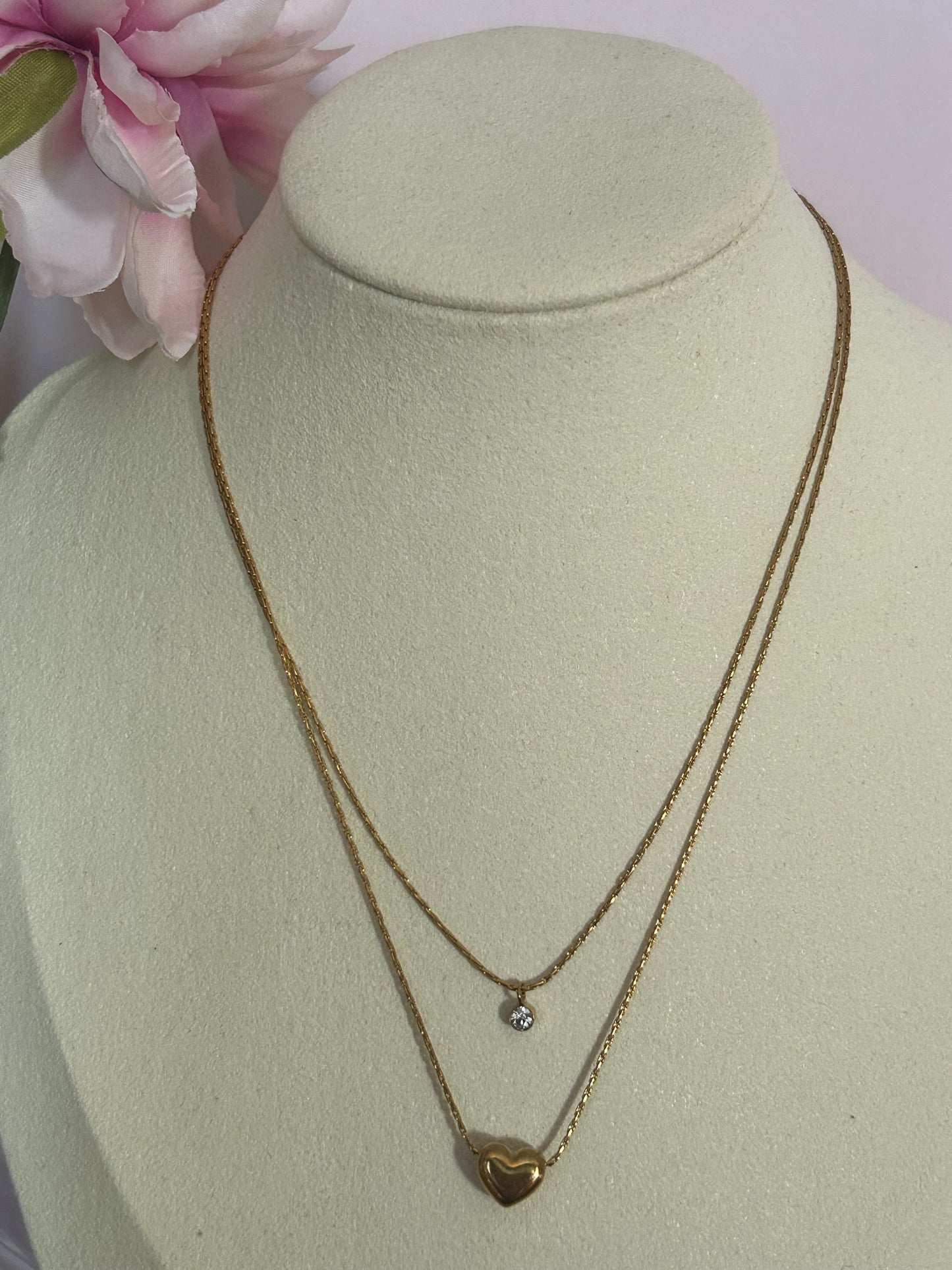Dubbele wikkel ketting van roestvrij staal met hart en strass steentjes: Geelgoud|Beautiva Boutique