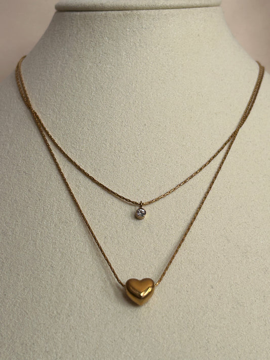 Dubbele wikkel ketting van roestvrij staal met hart en strass steentjes: Geelgoud|Beautiva Boutique