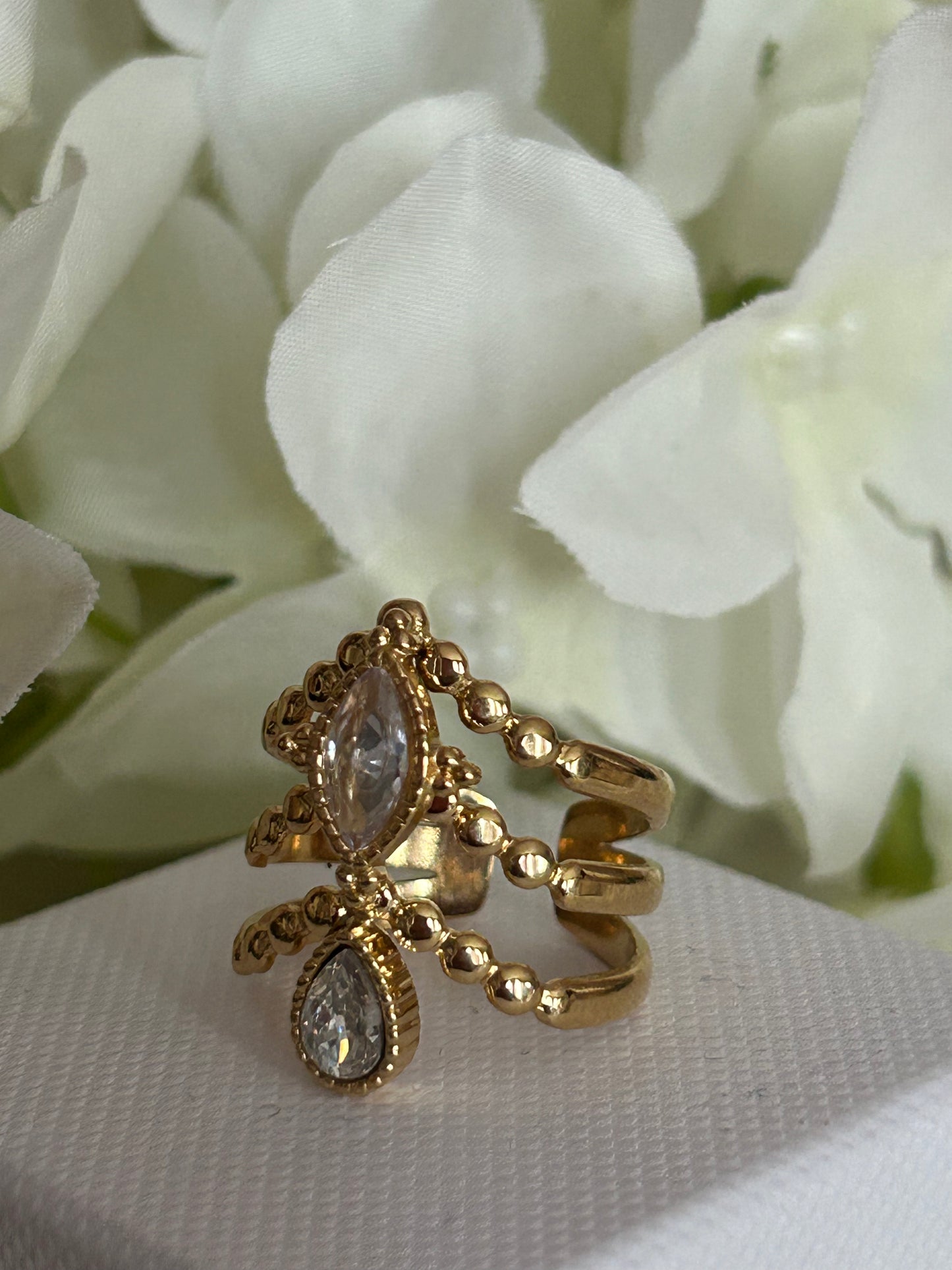 roestvrijstalen Traan Ring verguld staal met parelmoer en strassstenen: |Beautiva Boutique