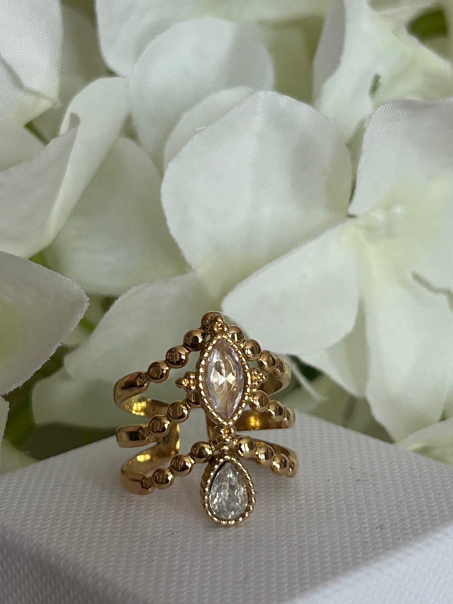 roestvrijstalen Traan Ring verguld staal met parelmoer en strassstenen: |Beautiva Boutique