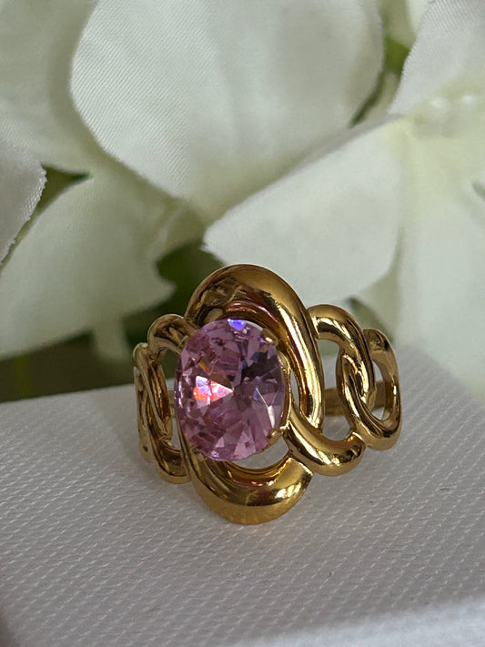 Verstelbare ronde ring met glinsterende kristal, elegant roestvrij staal: Roze