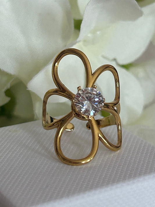 Gouden Bloem Ring Kristal Glans Vijf Bloemblaadjes Roestvrij Staal |Beautiva Boutique